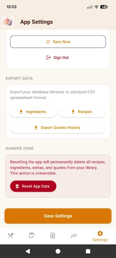Settings screen showing Danger Zone reset app data